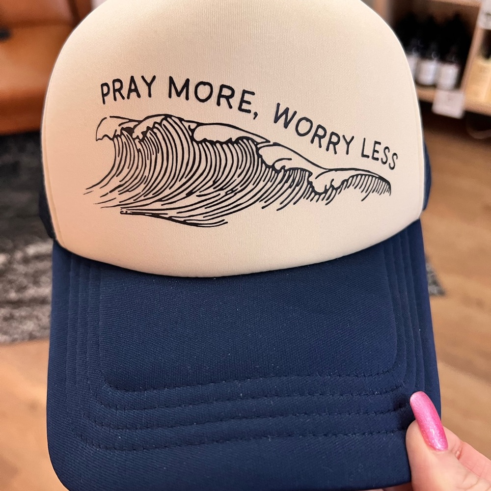 PRAY MORE WORRY LESS Tan and Blue Trucker Hat
